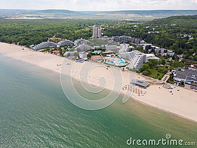 Aerial view of the Bulgarian town of Albena unfolds along the picturesque seaside. Its sandy beaches, stretching as far Stock Photo