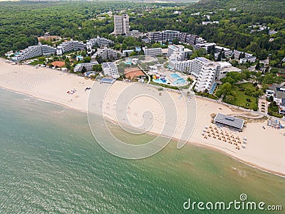 Aerial view of the Bulgarian town of Albena unfolds along the picturesque seaside. Its sandy beaches, stretching as far Stock Photo