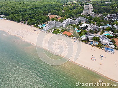 Aerial view of the Bulgarian town of Albena unfolds along the picturesque seaside. Its sandy beaches, stretching as far Stock Photo