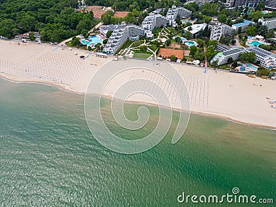 Aerial view of the Bulgarian town of Albena unfolds along the picturesque seaside. Its sandy beaches, stretching as far Stock Photo