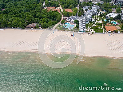 Aerial view of the Bulgarian town of Albena unfolds along the picturesque seaside. Its sandy beaches, stretching as far Stock Photo