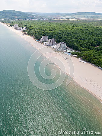 Aerial view of the Bulgarian town of Albena unfolds along the picturesque seaside. Its sandy beaches, stretching as far Stock Photo