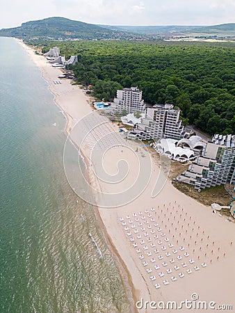 Aerial view of the Bulgarian town of Albena unfolds along the picturesque seaside. Its sandy beaches, stretching as far Stock Photo
