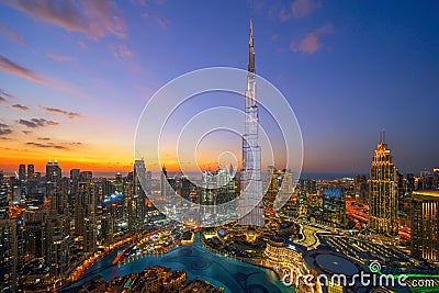 Aerial view of Burj Khalifa in Dubai Downtown skyline and fountain, United Arab Emirates or UAE. Financial district and business Stock Photo