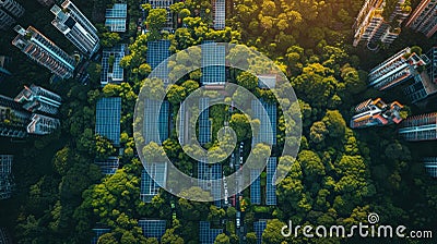 Aerial view of a bustling city with green rooftops and solar arrays, exemplifying urban sustainability Stock Photo