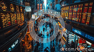 An aerial view of a bustling trading floor with scree Stock Photo