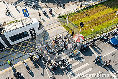 Aerial view of a busy bustling street in Wuhan, China Editorial Stock Photo