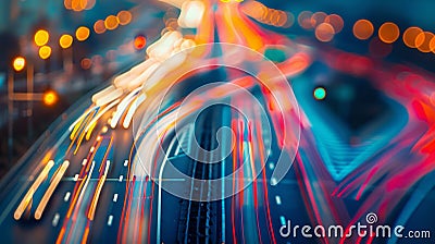 An aerial view of a busy highway with colorcoded lanes indicating predicted traffic flow patterns Stock Photo