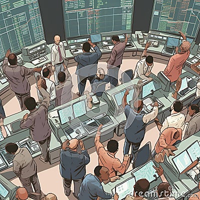 Aerial view of busy stock exchange with traders shouting and gesturing representing intensity and competitiveness of Stock Photo