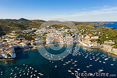 Aerial view of Cadaques shoreline in summer, Catalonia, Spain Editorial Stock Photo