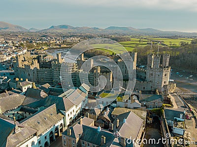 Aerial view of the Caernarfon town in the United Kingdom Editorial Stock Photo