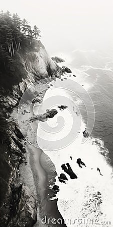 Aerial View Of California Beach At Low Tide: Black And White Photo Stock Photo