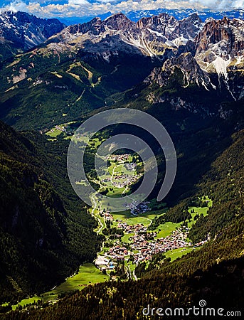 Aerial view of Campitello di Fassa, Trentino, northern of Italy Stock Photo