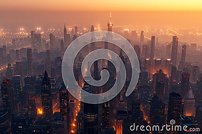 Aerial view capturing the sprawling expanse of a metropolitan skyline at sunrise Stock Photo