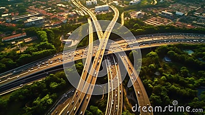 Aerial view of car traffic on multi lane highways or expressways, traffic in roundabouts is part of everyday life. Generative Ai Stock Photo
