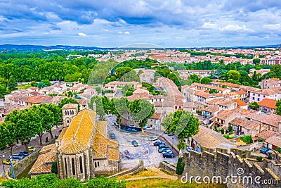 Aerial view of Carcassonne with church of Saint Gimer Editorial Stock Photo