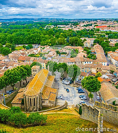 Aerial view of Carcassonne with church of Saint Gimer Editorial Stock Photo