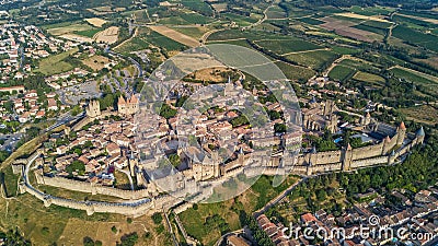 Aerial view of Carcassonne medieval city and fortress castle from above, Sourthern France Stock Photo