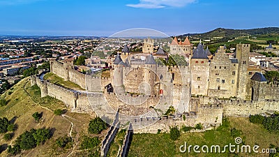 Aerial view of Carcassonne medieval city and fortress castle from above, Sourthern France Stock Photo