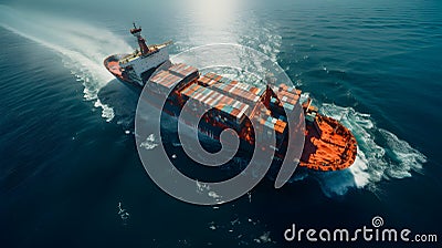 Aerial view of cargo container ship on ocean. Container loading cargo freight ship boat. Generative Ai Illustration Stock Photo