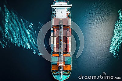 Aerial view of cargo maritime ship in the ocean. Generative AI Stock Photo