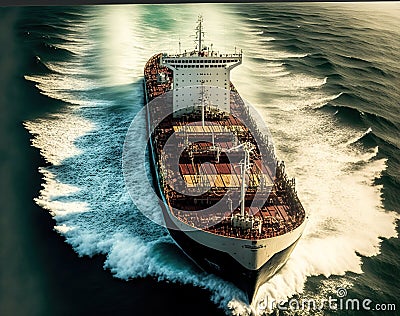 Aerial view of cargo maritime ship in the ocean. Generative AI Stock Photo