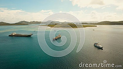 Aerial Cargo and passenger ships in the sea. Philippines, Siargao. Editorial Stock Photo