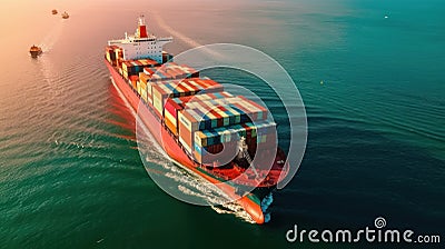 Aerial view of cargo ship carrying containers. Container ship enters the port waters accompanied by tugboats. Sunset Cartoon Illustration