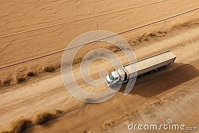 Aerial View Of Cargo Truck Transporting Grain On Dirt Road Stock Photo