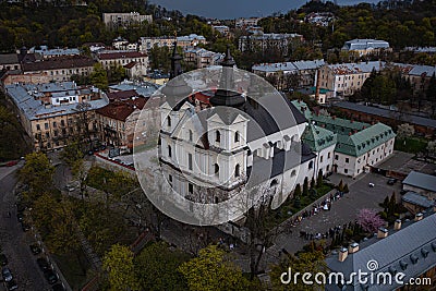 Aerial view on Carmelite Church Michael the Archangel church in Lviv, Ukraine from drone. Consecration of Easter food, cakes, Editorial Stock Photo