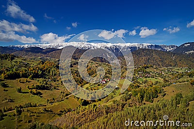 Aerial view of Carpathian mountains countryside in autumn morning Stock Photo