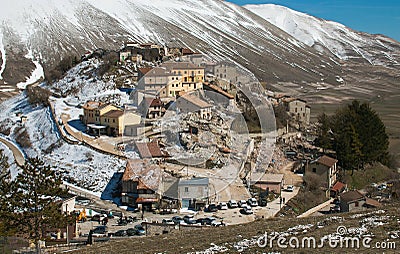 Aerial view of Castelluccio di Norcia destroyed by terrible earthquake of central Italy Stock Photo