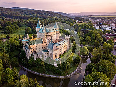 Aerial view of castle Bojnice, Central Europe, Slovakia. UNESCO. Sunset light. Stock Photo