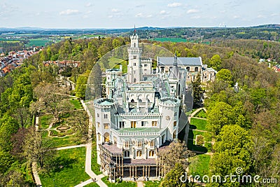 Aerial view on the castle in Hluboka nad Vltavou, historic chateau with beautiful gardens near Ceske Budejovice, Czech Stock Photo