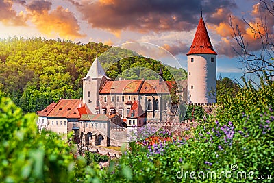 Aerial view of castle Krivoklat in Czech republic, Europe. Famous Czech medieval castle of Krivoklat, central Czech Republic. Stock Photo