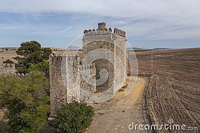 Aerial view of the castle of Las Aguzaderas in the municipality of El Coronil, Spain. Stock Photo