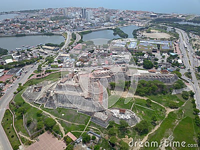 Aerial view of the castle of San Felipe and part of the center of Cartagena Stock Photo