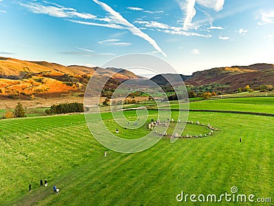 Aerial view of Castlerigg stone circle, located near Keswick in Cumbria, North West England Stock Photo