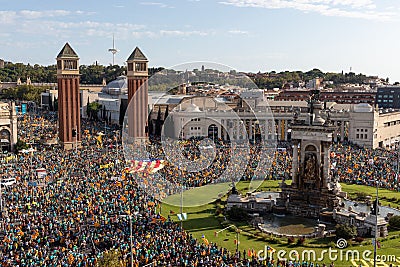 Aerial view of the catalan independentist rally at PlaÃ§a Espanya. La Diada, Catalonia`s National Day Editorial Stock Photo