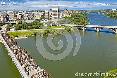 Aerial view of the downtown area of Saskatoon, Saskatchewan, Canada Editorial Stock Photo