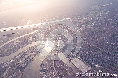 Aerial view of Central London through airplane window vintage c Stock Photo