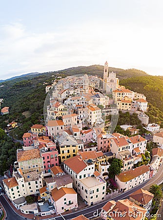 Aerial view Cervo medieval town on the mediterranean coast, Liguria riviera, Italy, with the beautiful baroque church and tower be Stock Photo