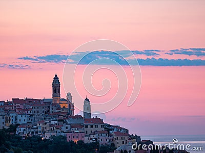 Aerial view Cervo medieval town on the mediterranean coast, Liguria riviera, Italy, with the beautiful baroque church and tower be Stock Photo