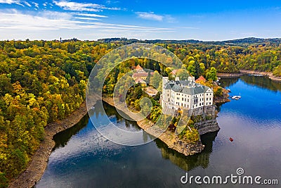 Aerial view chateau Orlik, above Orlik reservoir in beautiful autumn nature. Romantic royal Schwarzenberg castle above water level Stock Photo