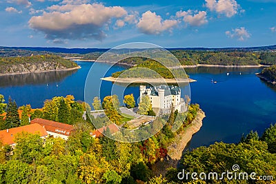 Aerial view chateau Orlik, above Orlik reservoir in beautiful autumn nature. Romantic royal Schwarzenberg castle above water level Stock Photo