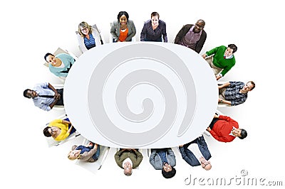 Aerial View Cheerful People Looking Up Conference Table Stock Photo