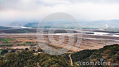 Aerial view of the Chenab River in Bhabar Brahmana, Jammu and Kashmir on a cloudy day Stock Photo