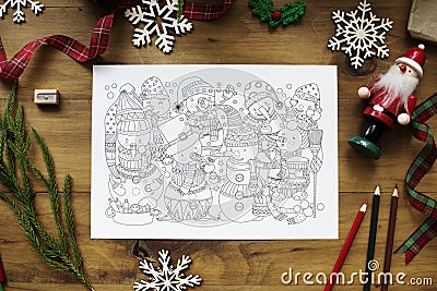 Aerial view of Christmas drawing coloring book Stock Photo