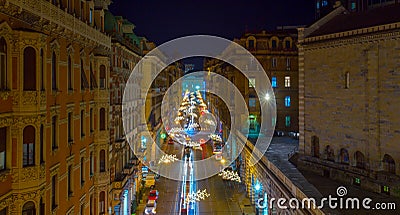 Aerial view of Christmas illuminations on the streets of center of Genoa by night, Italy. Editorial Stock Photo