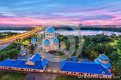 Aerial view on church at dusk in Orekhovo-Borisovo, Moscow Stock Photo